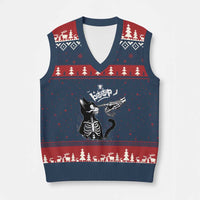 Black Cat Halloween V-Neck Knit Sweater Vest Skeleton Hand Boop - Wonder Print Shop