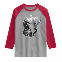 Black Cat Halloween Raglan Shirt Skeleton Hand Boop - Wonder Print Shop