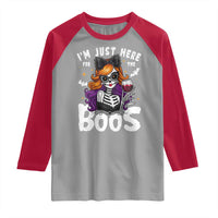 Funny Skull Halloween Raglan Shirt I Am Just Here For The Boos Skeleton Party Girl - Wonder Print Shop