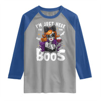 Funny Skull Halloween Raglan Shirt I Am Just Here For The Boos Skeleton Party Girl - Wonder Print Shop