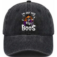 Funny Skull Halloween Washed Cotton Baseball Cap I Am Just Here For The Boos Skeleton Party Girl