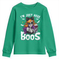 Funny Skull Halloween Youth Sweatshirt I Am Just Here For The Boos Skeleton Party Girl - Wonder Print Shop