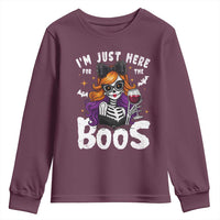 Funny Skull Halloween Youth Sweatshirt I Am Just Here For The Boos Skeleton Party Girl - Wonder Print Shop