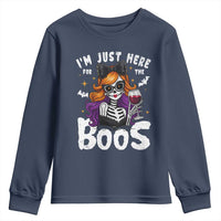 Funny Skull Halloween Youth Sweatshirt I Am Just Here For The Boos Skeleton Party Girl - Wonder Print Shop