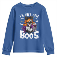 Funny Skull Halloween Youth Sweatshirt I Am Just Here For The Boos Skeleton Party Girl - Wonder Print Shop