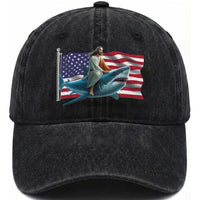 Funny Jesus Shark Washed Cotton Baseball Cap Christian Patriotic American Flag Meme