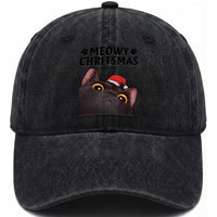 Funny Black Cat Christmas Washed Cotton Baseball Cap Cute Kitty Xmas