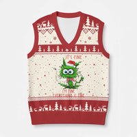 Funny Cat Green Xmas V-Neck Knit Sweater Vest It Is Fine I Am Fine Everything Is Fine - Wonder Print Shop