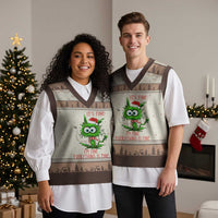 Funny Cat Green Xmas V-Neck Knit Sweater Vest It Is Fine I Am Fine Everything Is Fine - Wonder Print Shop
