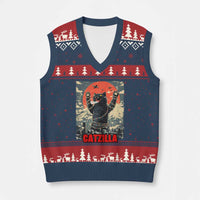 Catzilla Xmas V-Neck Knit Sweater Vest Japanese Cat Lover Kitty - Wonder Print Shop