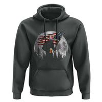 Bigfoot Drinking Beer 4th of July Hoodie Sasquatch Hiking Moon American Flag