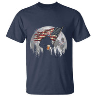 Bigfoot Drinking Beer 4th of July T Shirt Sasquatch Hiking Moon American Flag