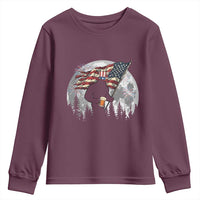 Bigfoot Drinking Beer 4th of July Youth Sweatshirt Sasquatch Hiking Moon American Flag