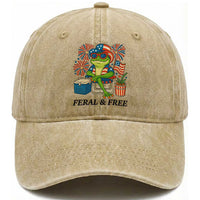Feral & Free Washed Cotton Baseball Cap Funny 4th of July Patriotic Frog Lovers