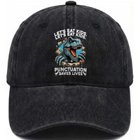 Funny Grammar Dino Washed Cotton Baseball Cap Let Us Eat Kids Punctuation Saves Lives