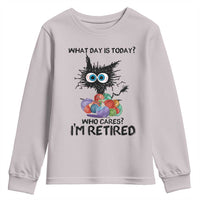 Funny Retired Cat Crochet Youth Sweatshirt What Day Is Today Who Cares I Am Retired - Wonder Print Shop