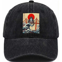 San Francisco Cat Washed Cotton Baseball Cap Vintage Japanese Anime Kawaii Cat Sunset