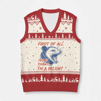 First of All Jesus Thinks I'm A Delight V-Neck Knit Sweater Vest Funny Opossum Christian