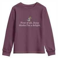 Jesus Thinks I'm A Delight Youth Sweatshirt Funny Christian Raccoon Sarcastic