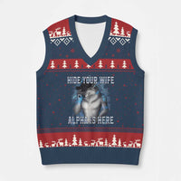 Hide Your Wife The Alpha Is Here V-Neck Knit Sweater Vest Funny Sarcastic Cringe Werewolf Meme
