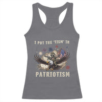 I Put The Tism in Patriotism Racerback Tank Top Retro Eagle Raccoon USA Flag