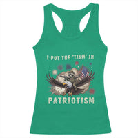 I Put The Tism in Patriotism Racerback Tank Top Retro Eagle Raccoon USA Flag