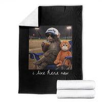 I Live Here Now Punch Monkey Throw Blanket Funny Drinking Iced Coffee Baseball Field