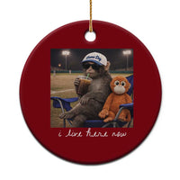 I Live Here Now Punch Monkey Ceramic Ornament Funny Drinking Iced Coffee Baseball Field
