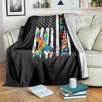 Autism Acceptance Throw Blanket US Flag Ribbon Support Neurodiversity
