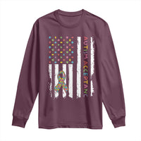 Autism Acceptance Long Sleeve Shirt American Flag Neurodivergent Support Ribbon Puzzle
