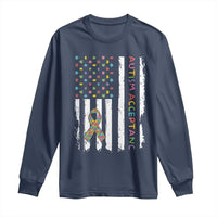 Autism Acceptance Long Sleeve Shirt American Flag Neurodivergent Support Ribbon Puzzle