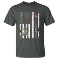 Autism Acceptance T Shirt American Flag Neurodivergent Support Ribbon Puzzle