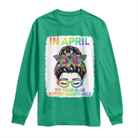 Autism Acceptance Long Sleeve Shirt Neurodivergent Support Messy Bun Ribbon Puzzle