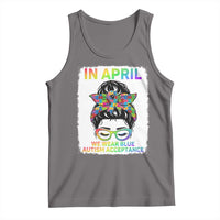 Autism Acceptance Tank Top Neurodivergent Support Messy Bun Ribbon Puzzle