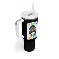 Autism Acceptance Tumbler With Handle Neurodivergent Support Messy Bun Ribbon Puzzle