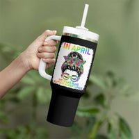 Autism Acceptance Tumbler With Handle Neurodivergent Support Messy Bun Ribbon Puzzle