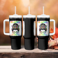 Autism Acceptance Tumbler With Handle Neurodivergent Support Messy Bun Ribbon Puzzle
