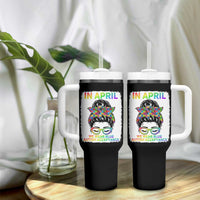Autism Acceptance Tumbler With Handle Neurodivergent Support Messy Bun Ribbon Puzzle