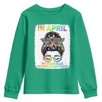 Autism Acceptance Youth Sweatshirt Neurodivergent Support Messy Bun Ribbon Puzzle