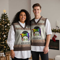 Autism Acceptance V-Neck Knit Sweater Vest Neurodiversity Awareness Messy Bun Women