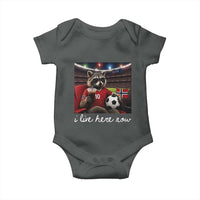 Norway Soccer Football Fan Norge Norwegian Flag Baby Onesie Funny Raccoon Drinking Iced Coffee