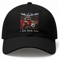 Norway Soccer Football Fan Norge Norwegian Flag Baseball Cap Funny Raccoon Drinking Iced Coffee