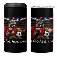 Norway Soccer Football Fan Norge Norwegian Flag 4 in 1 Can Cooler Tumbler Funny Raccoon Drinking Iced Coffee