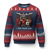 Norway Soccer Football Fan Norge Norwegian Flag Ugly Christmas Sweater Funny Raccoon Drinking Iced Coffee