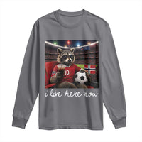 Norway Soccer Football Fan Norge Norwegian Flag Long Sleeve Shirt Funny Raccoon Drinking Iced Coffee