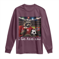 Norway Soccer Football Fan Norge Norwegian Flag Long Sleeve Shirt Funny Raccoon Drinking Iced Coffee