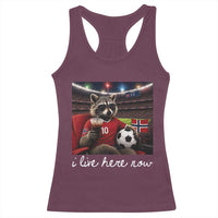 Norway Soccer Football Fan Norge Norwegian Flag Racerback Tank Top Funny Raccoon Drinking Iced Coffee