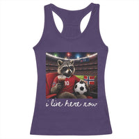 Norway Soccer Football Fan Norge Norwegian Flag Racerback Tank Top Funny Raccoon Drinking Iced Coffee