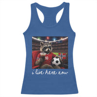 Norway Soccer Football Fan Norge Norwegian Flag Racerback Tank Top Funny Raccoon Drinking Iced Coffee