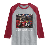 Norway Soccer Football Fan Norge Norwegian Flag Raglan Shirt Funny Raccoon Drinking Iced Coffee